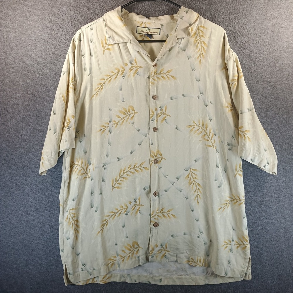Tommy Bahama Hawaiian Camp Shirt Mens M 100% Silk Bamboo Wood Beige Tropical